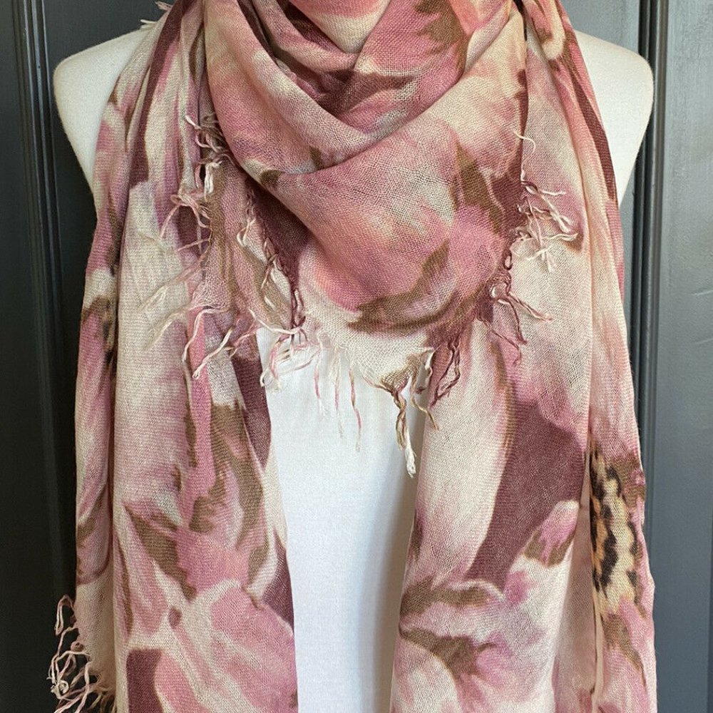 New Authentic Chan Luu Peony Floral Print Cashmere Silk Scarf  Color: Tawny Port - Picture 2 of 7